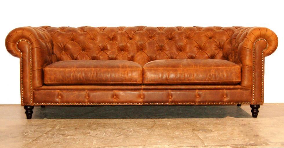 Champagne Tufted Leather Sofa